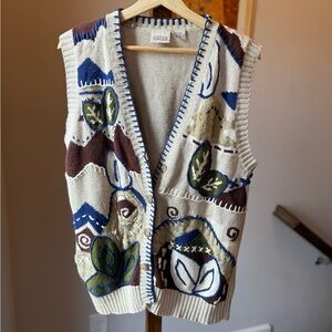 Laura Gayle Vintage Colorful Knit Vest with Leaf Pattern